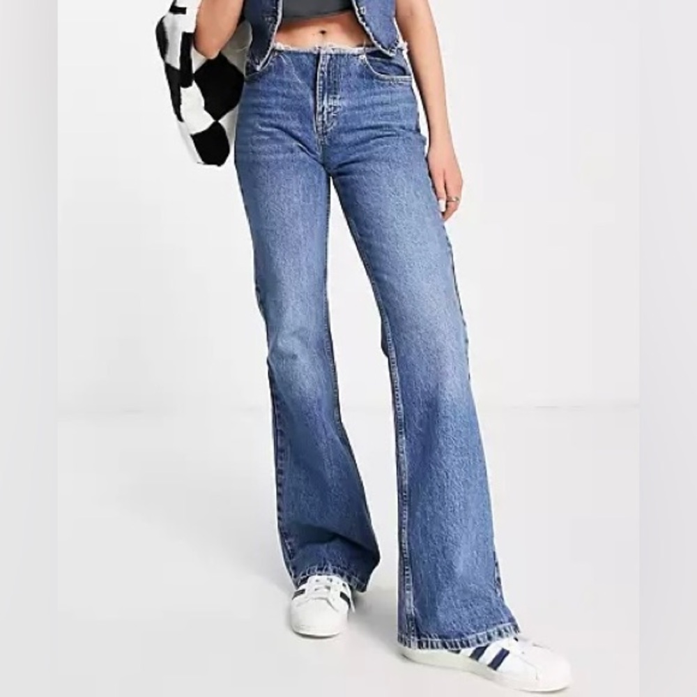 Raw Waist Band Flare Mid Blue Jeans